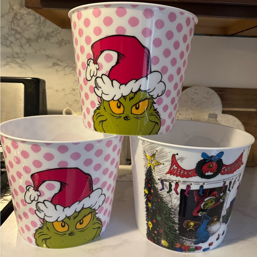 Grinch Christmas Buckets with Pink Polka Dots